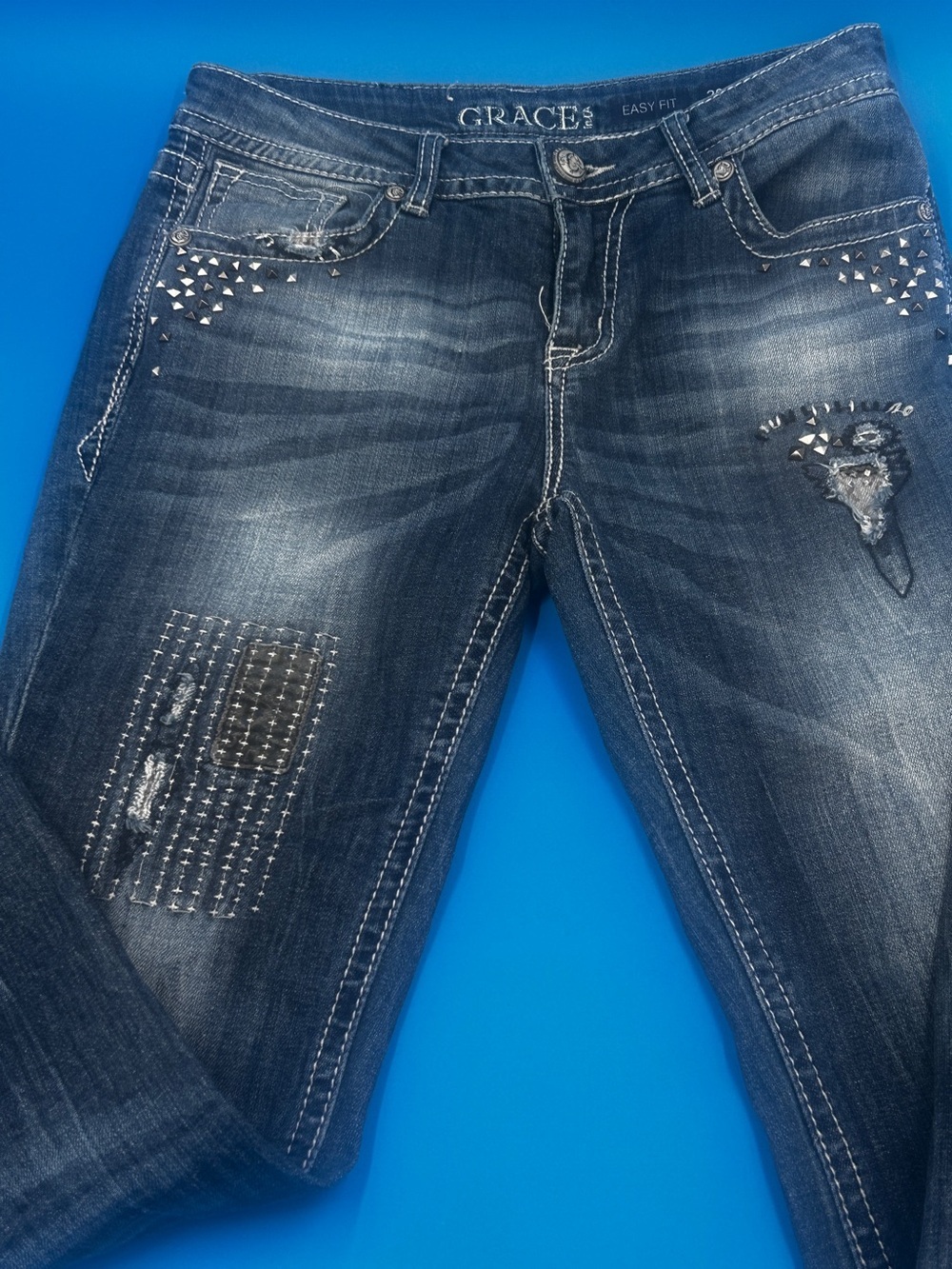 Grace Women's Dark Blue Studded Skinny Jeans